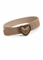 Camel split-leather belt with aged metal heart-shaped buckle, view 5
