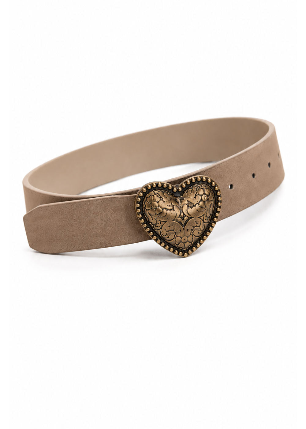 Camel split-leather belt with aged metal heart-shaped buckle, view 5