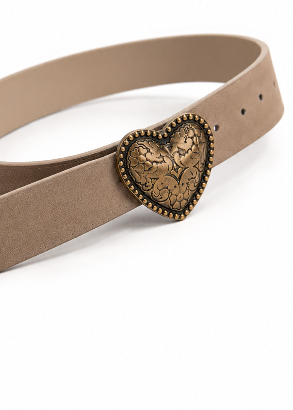 Camel split-leather belt with aged metal heart-shaped buckle, view 2