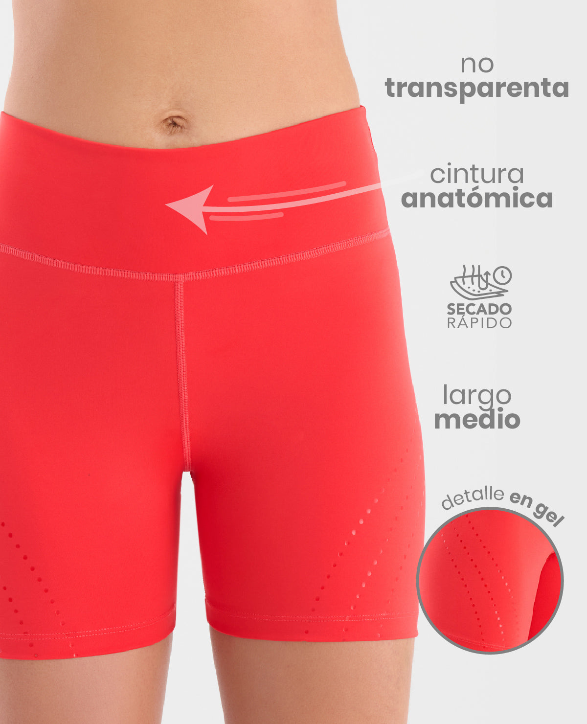 Short deportivo rojo tipo ciclista de talle alto con cintura anatómica, largo medio y detalles en gel laterales.