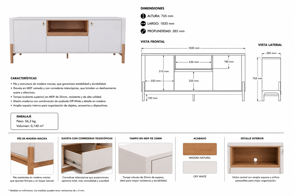 MUEBLE TV GLISS - OFF WHITE ALTO BRILLO/JEQUITIBA