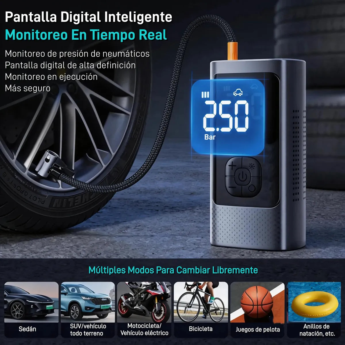 Inflador Portátil De Aire 150 PSI Con Pantalla LCD Y Linterna LED