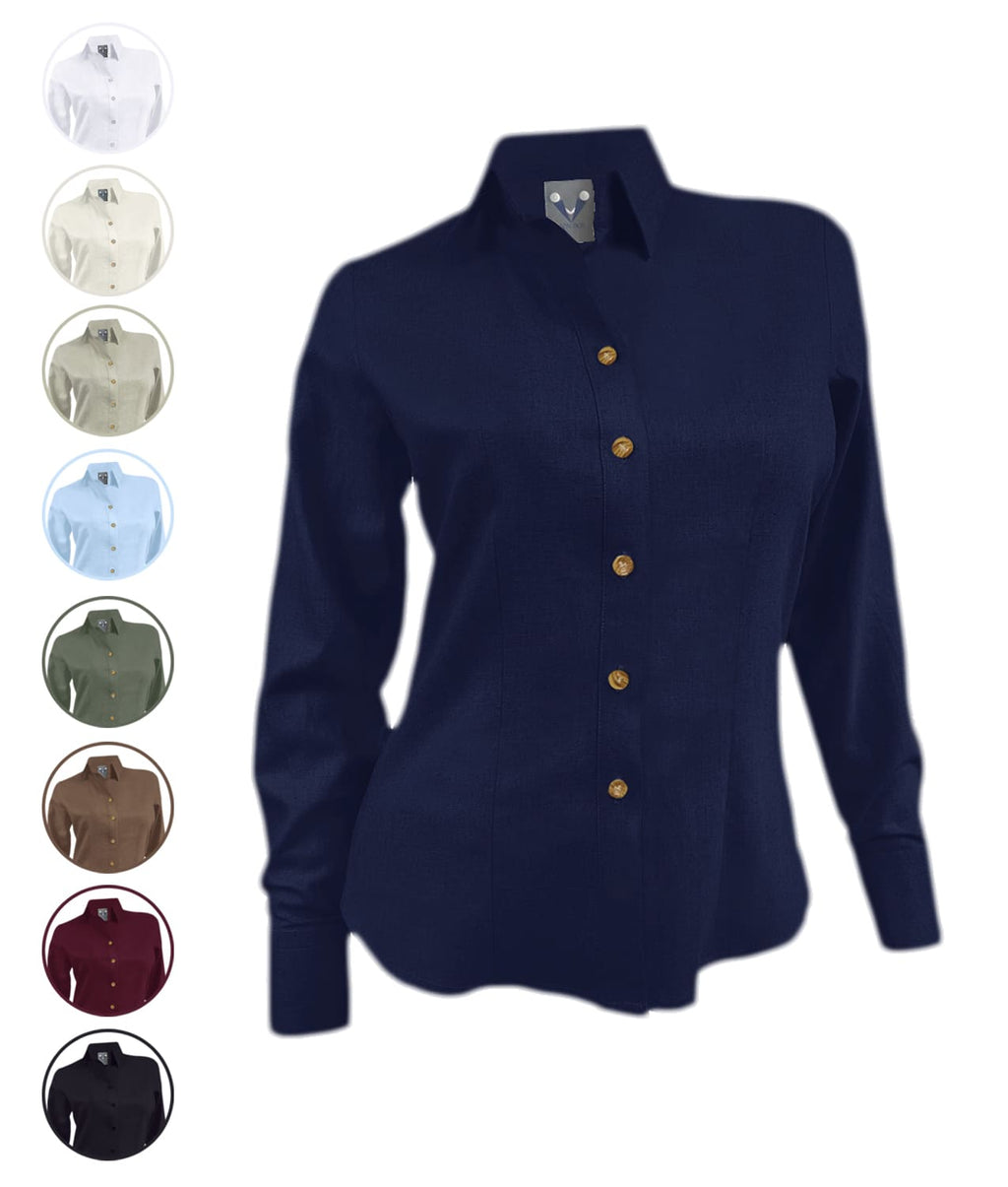 Camisa blusa lino azul oscuro casual manga larga para mujer XS a 10XL