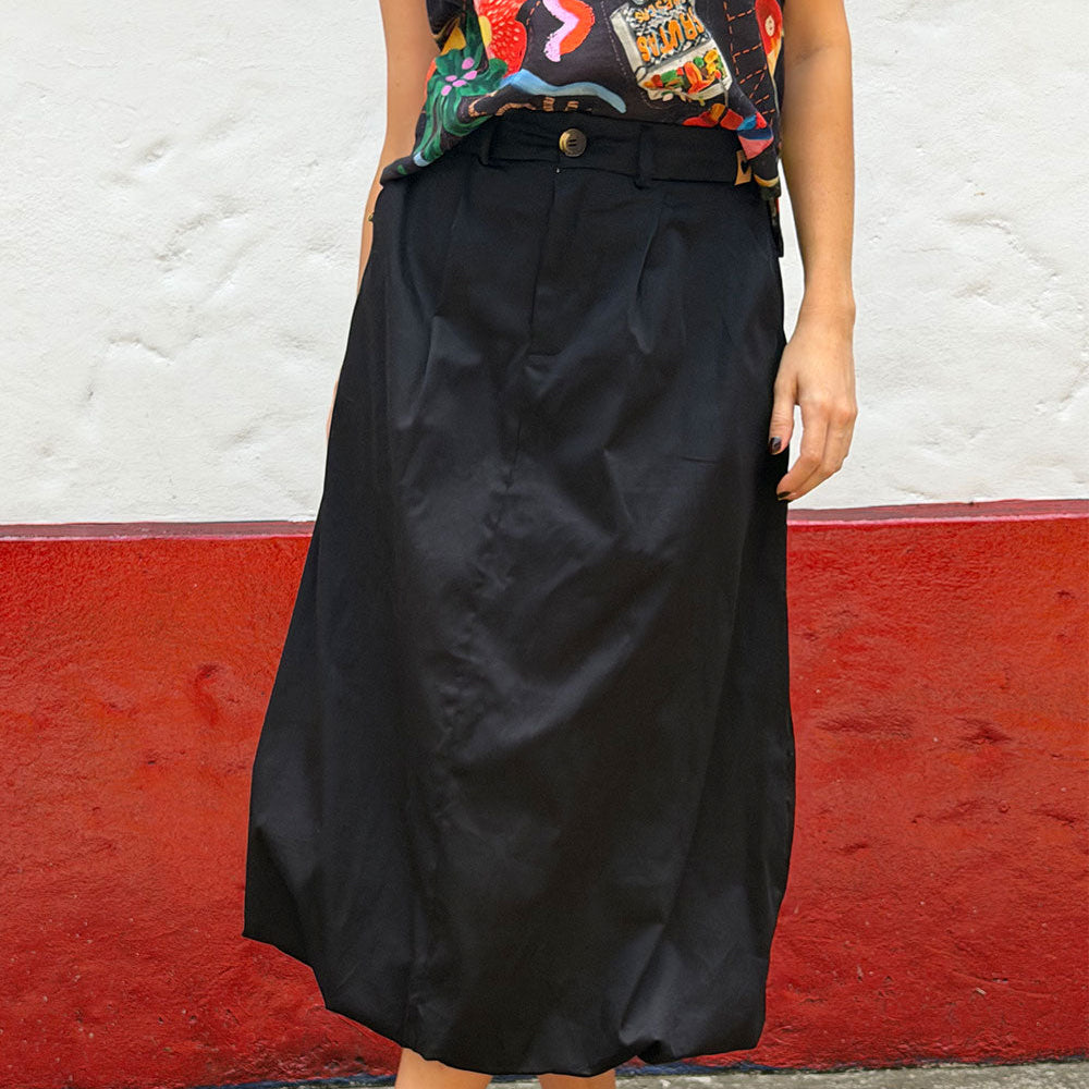 long black balloon skirt in cotton poplin front view