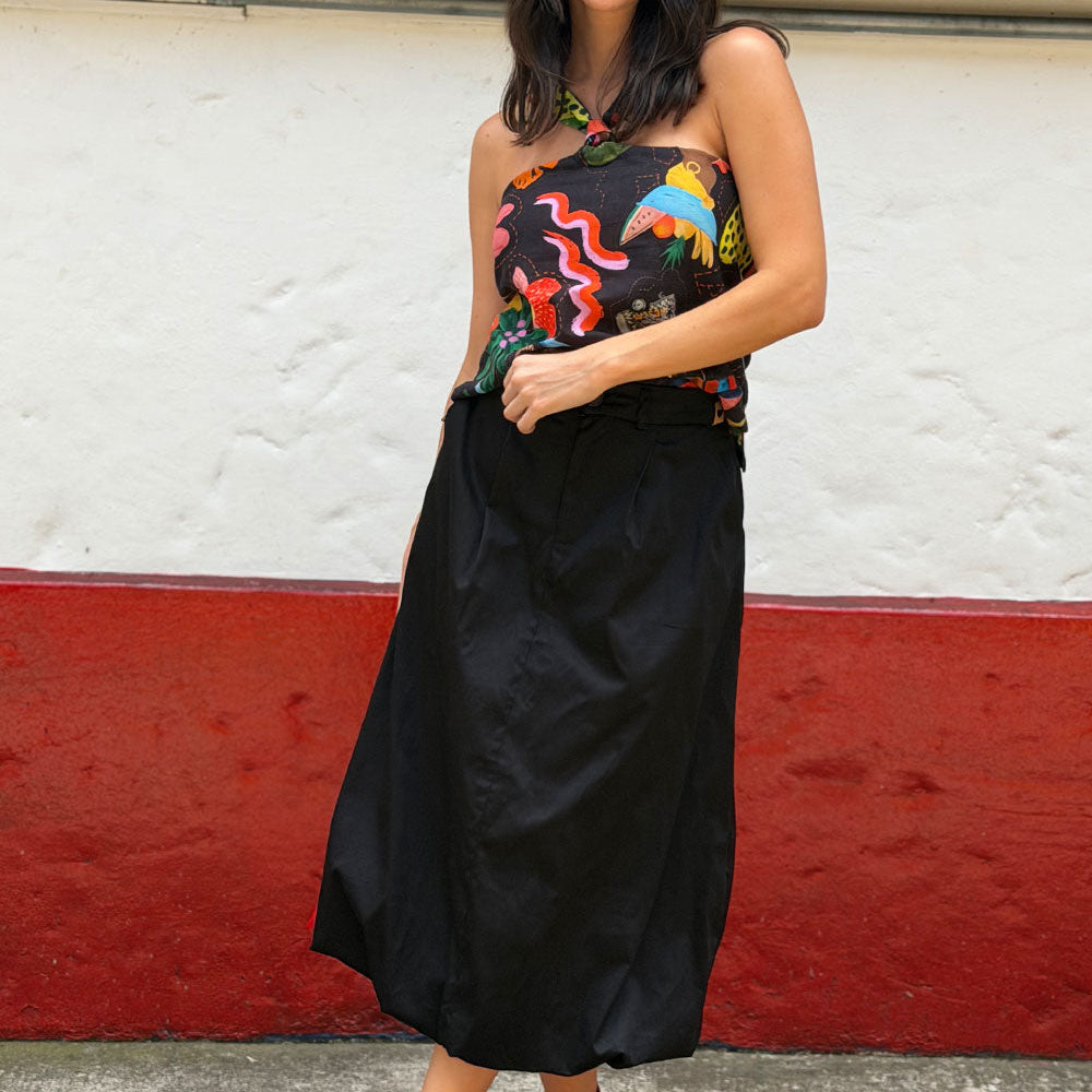 black long skirt button waistband and side zipper detail
