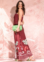 burgundy printed chalis wrap maxi skirt with side tie straps view 5