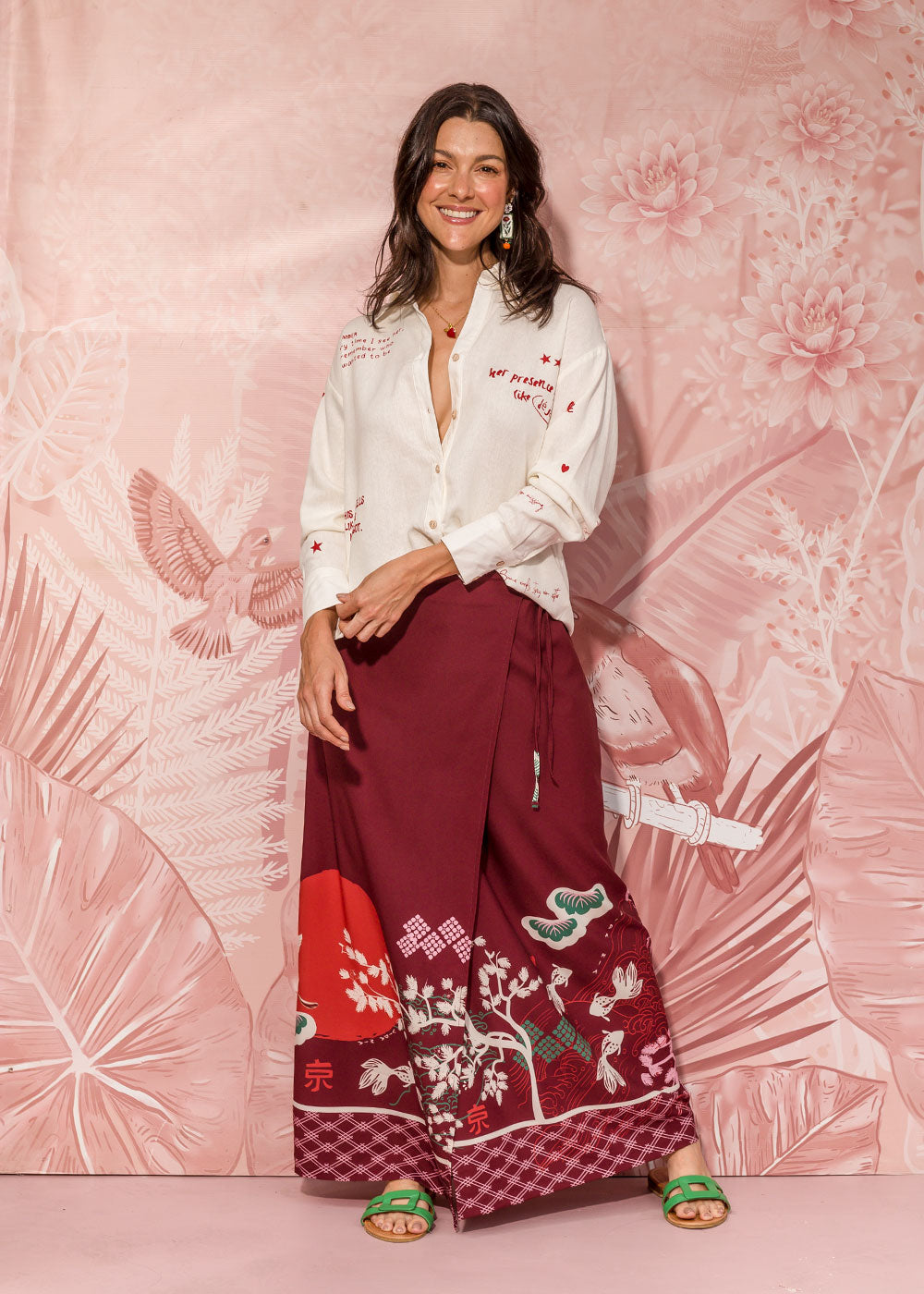 burgundy printed chalis wrap maxi skirt with side tie straps view 3