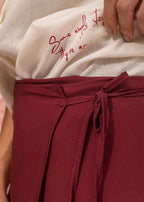 burgundy printed chalis wrap maxi skirt with side tie straps view 4