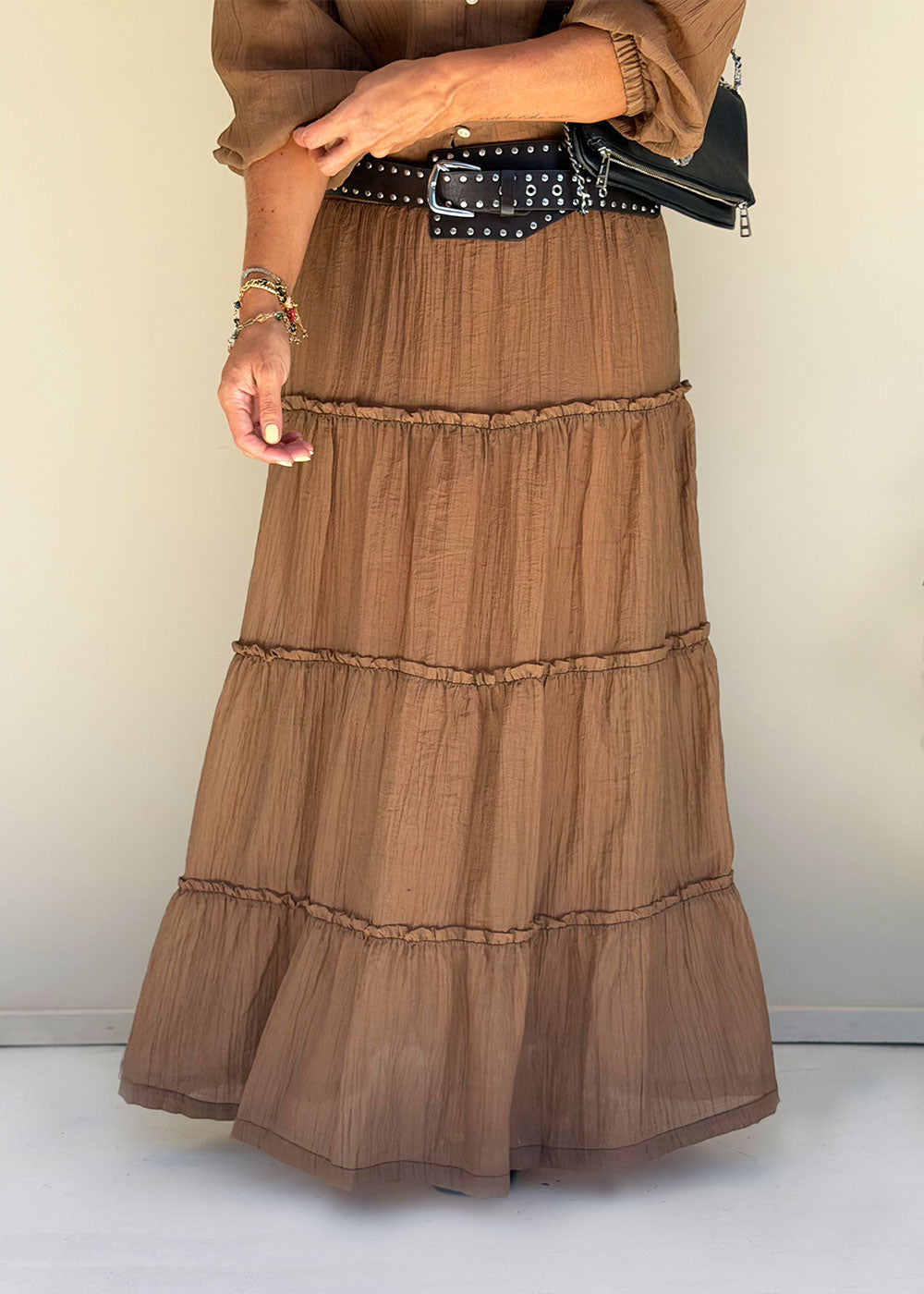 long printed café mesh skirt side profile flowing hem