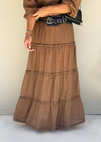 long printed café mesh skirt side profile flowing hem