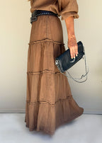 long printed mesh skirt gathered side cuts full length