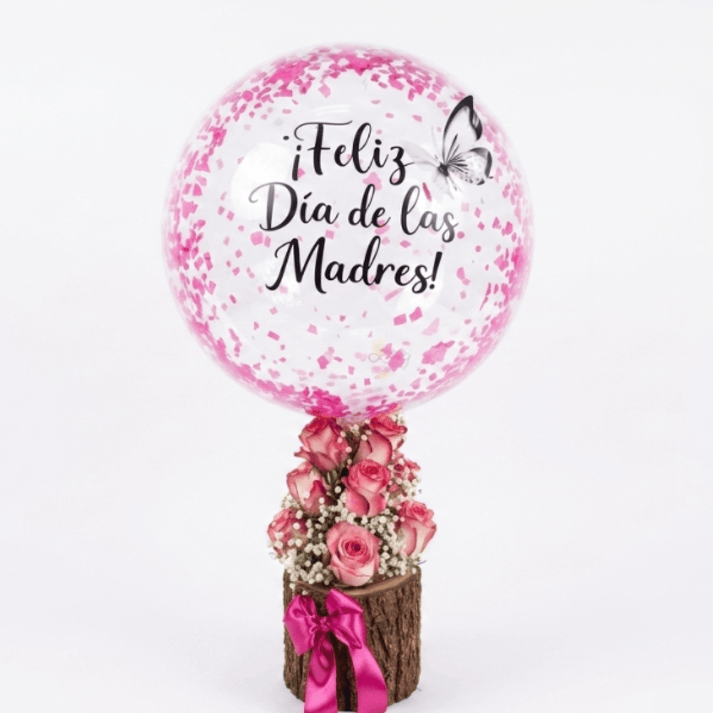 Arreglo de 12 rosas importadas y follaje - base de tronco con globo personalizado