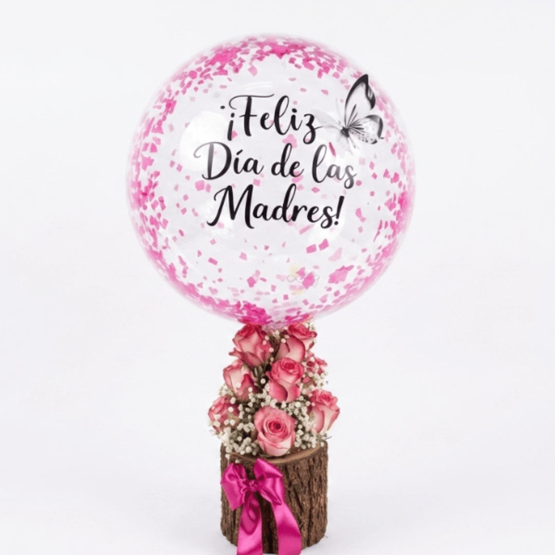 Arreglo de 12 rosas importadas y follaje - base de tronco con globo personalizado