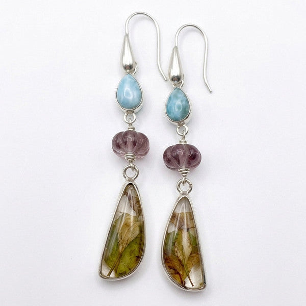 Aretes de plata 925 con, larimar, ametrino y ámbar tallada, pieza única