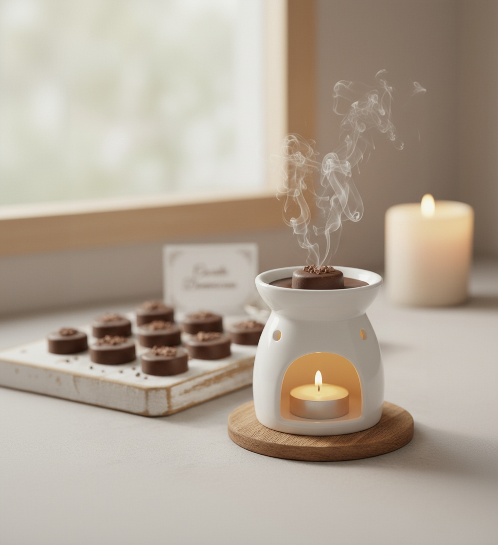 White ceramic oil burner with smoke rising, surrounded by chocolates and a lit candle on a wooden coaster.