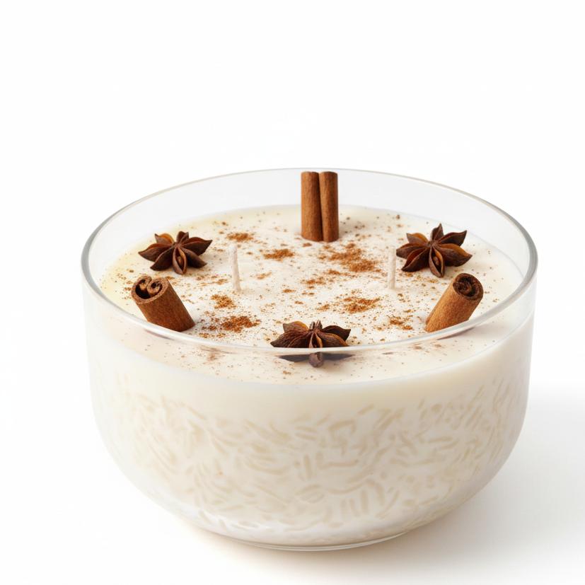 Glass of rice pudding with cinnamon sticks and star anise on a white background, featuring the Candela Fina logo.