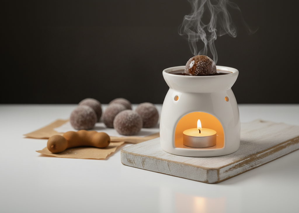 White ceramic oil burner with a lit candle inside, surrounded by chocolate truffles and kiwi fruits on a wooden board.