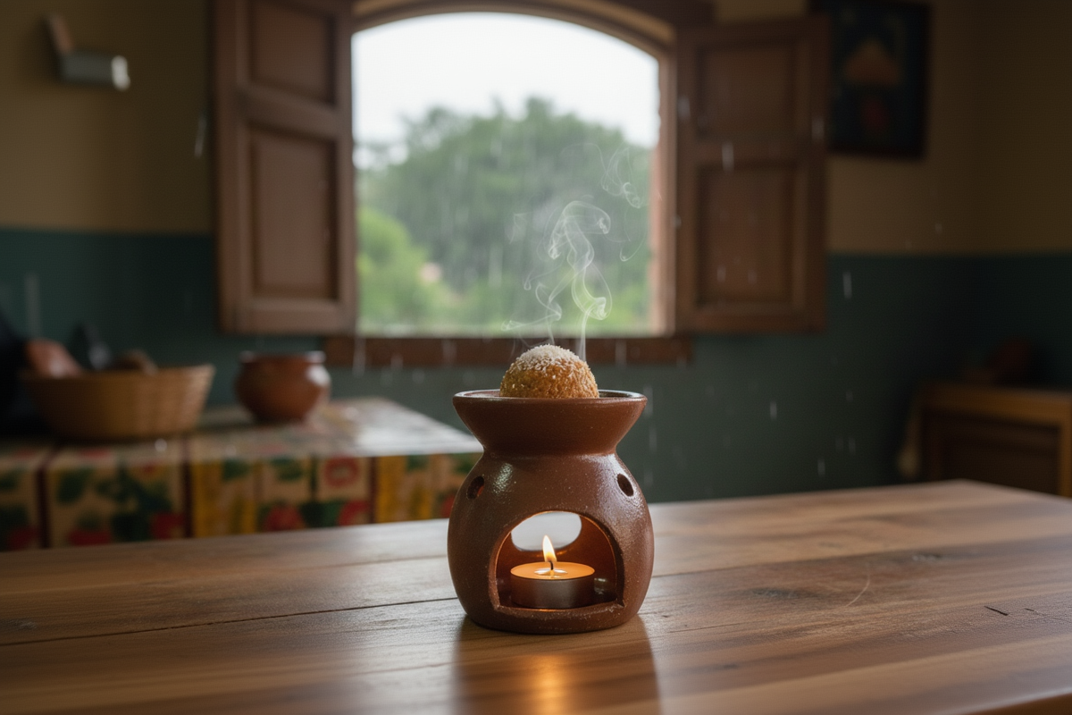 Aromatherapy oil burner with a lit candle on a wooden table, with a window in the background.