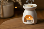 Aromatherapy diffuser with a candle and a square of soap on a wooden surface.
