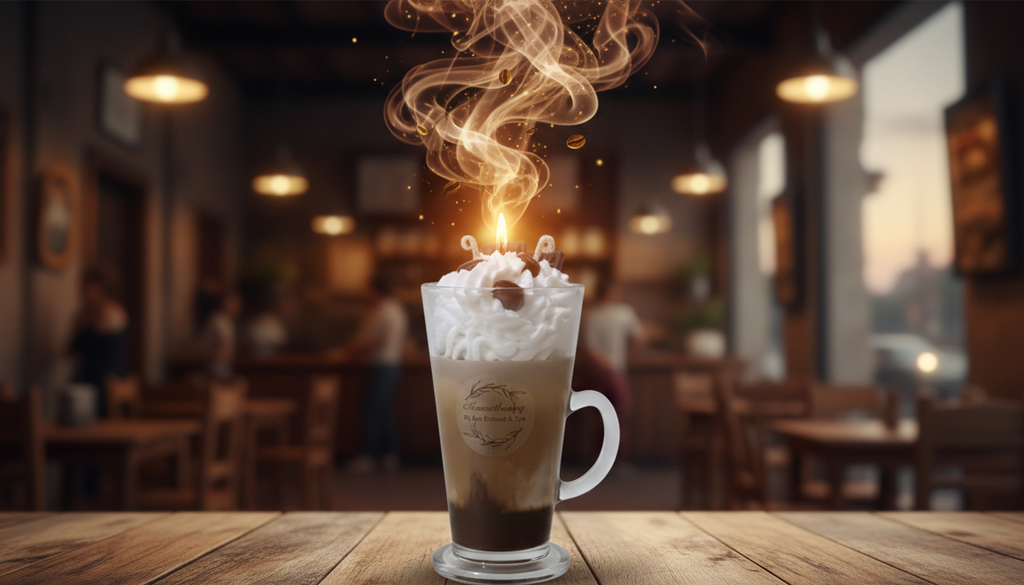 Steaming hot chocolate with whipped cream on a wooden table in a cozy café.