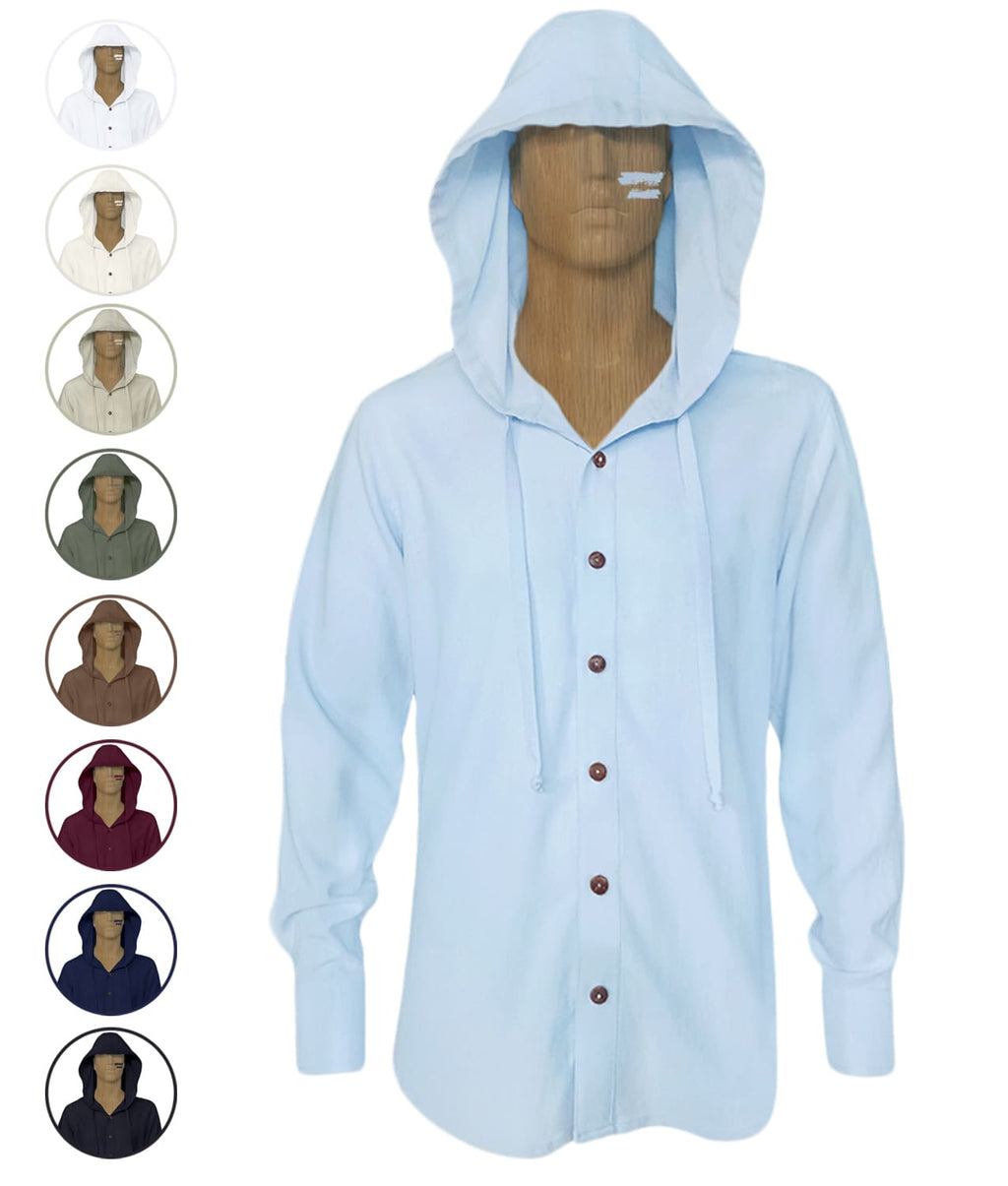 Camisa azul con capota amplia en 100% lino trabilla en manga larga hombre XS a 10XL