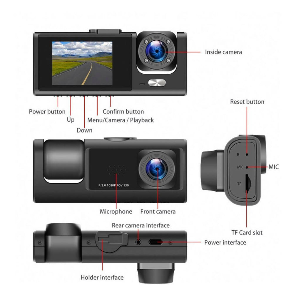 Cámara Para Automóvil Wifi 3 En 1 HD 1080P Con Cámara Trasera