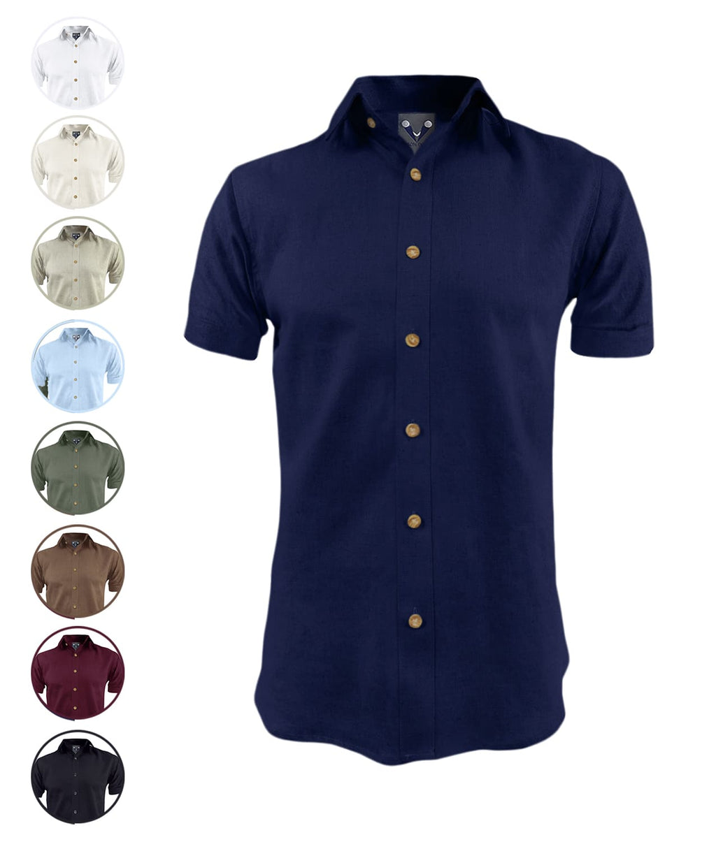 Camisa lino azul oscuro manga corta para hombre XS a 10XL