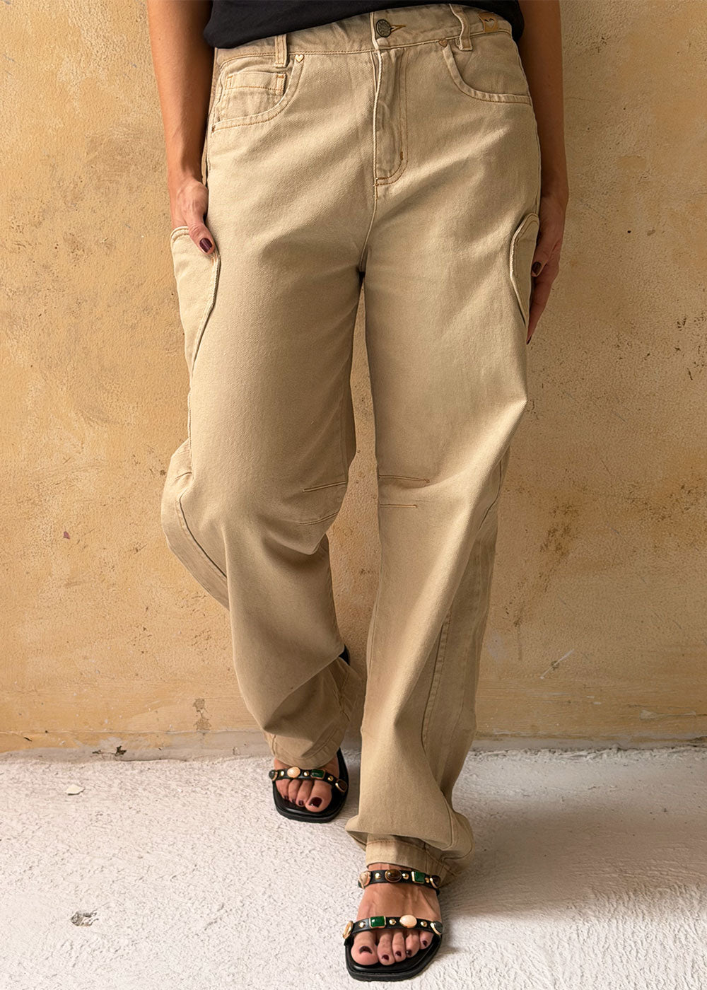 khaki cotton denim jeans side seam cut detail