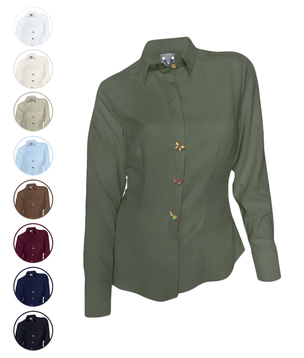 Camisa blusa verde hoja en 100% lino con botonadura escondida manga larga mujer XS a 10XL
