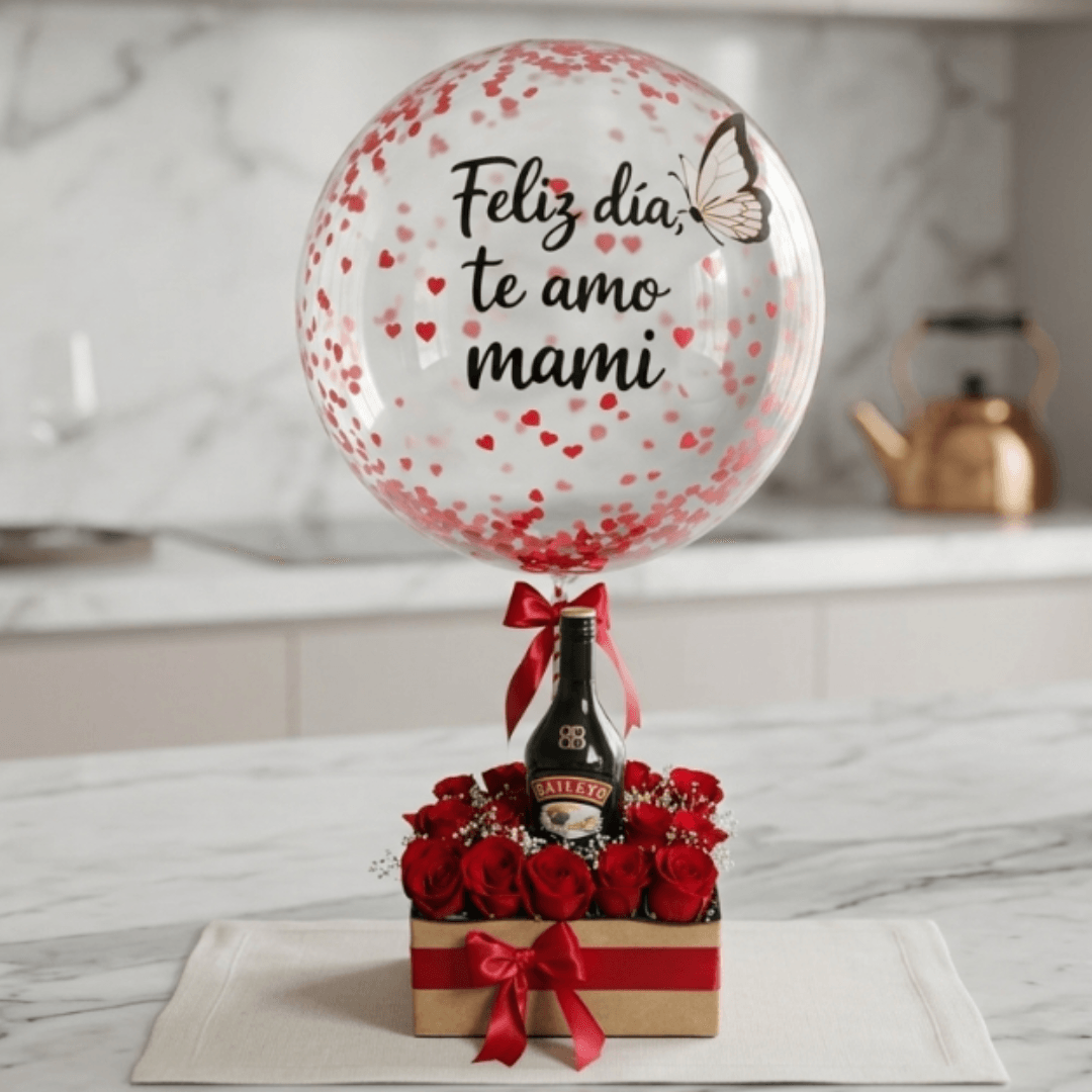 Arreglo de 12 rosas importadas - crema de licor y globo