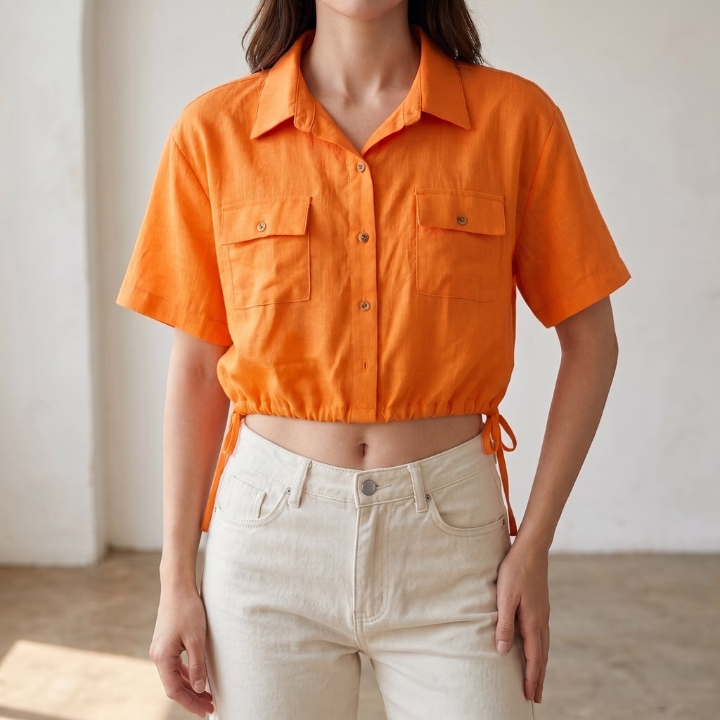 Shirt Collar Short Sleeve Blouse - Orange