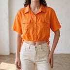 Shirt Collar Short Sleeve Blouse - Orange