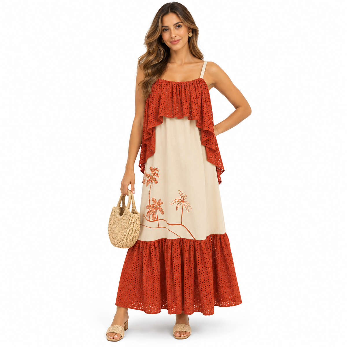 Vestido de lino color beige y terracota  pintado a mano