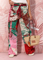 multicolor printed linen-effect pants with tie waist gathered panel