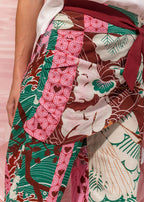 multicolor printed linen-effect pants with tie waist gathered panel view 3