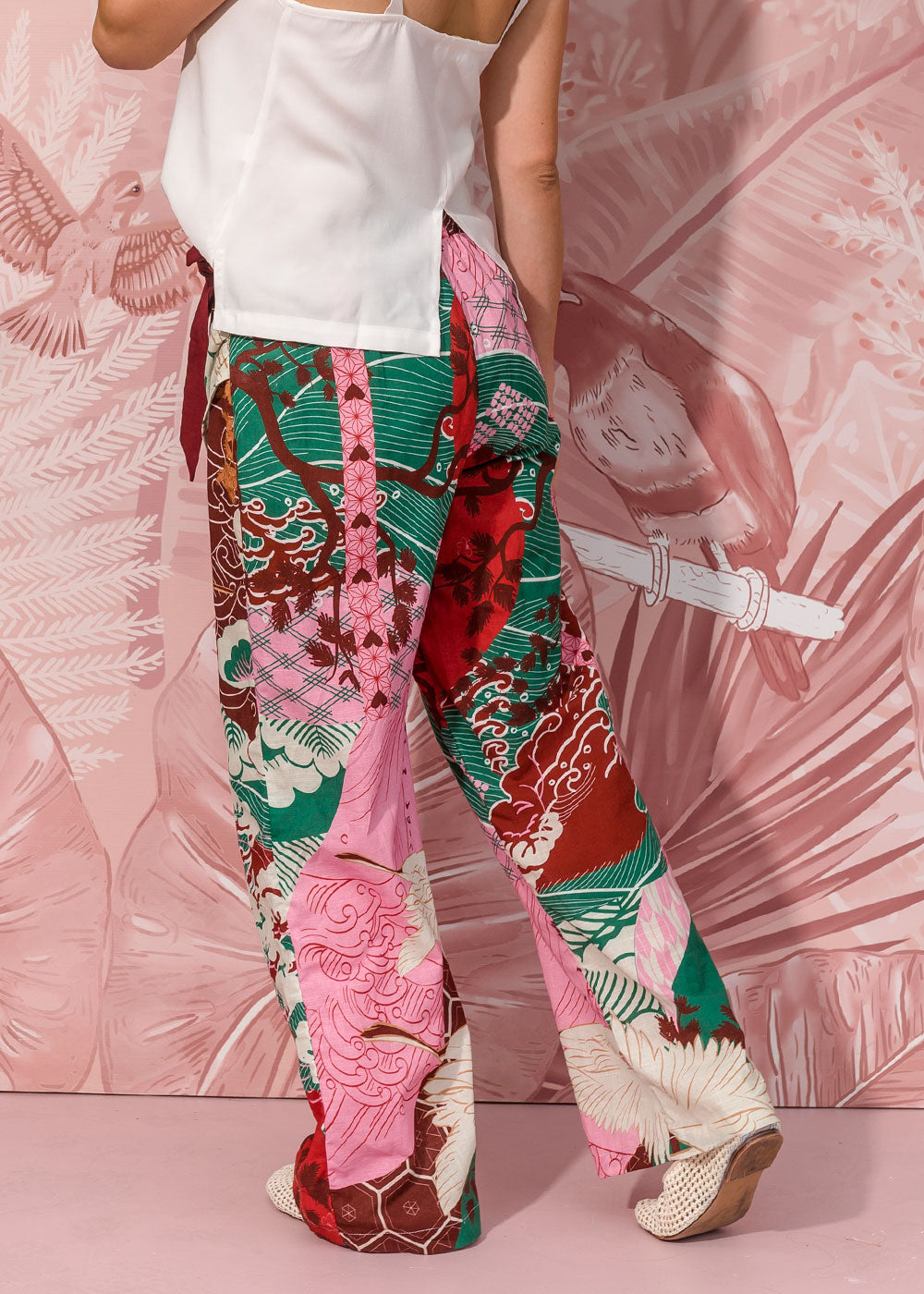 multicolor printed linen-effect pants with tie waist gathered panel view 5