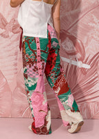 multicolor printed linen-effect pants with tie waist gathered panel view 5