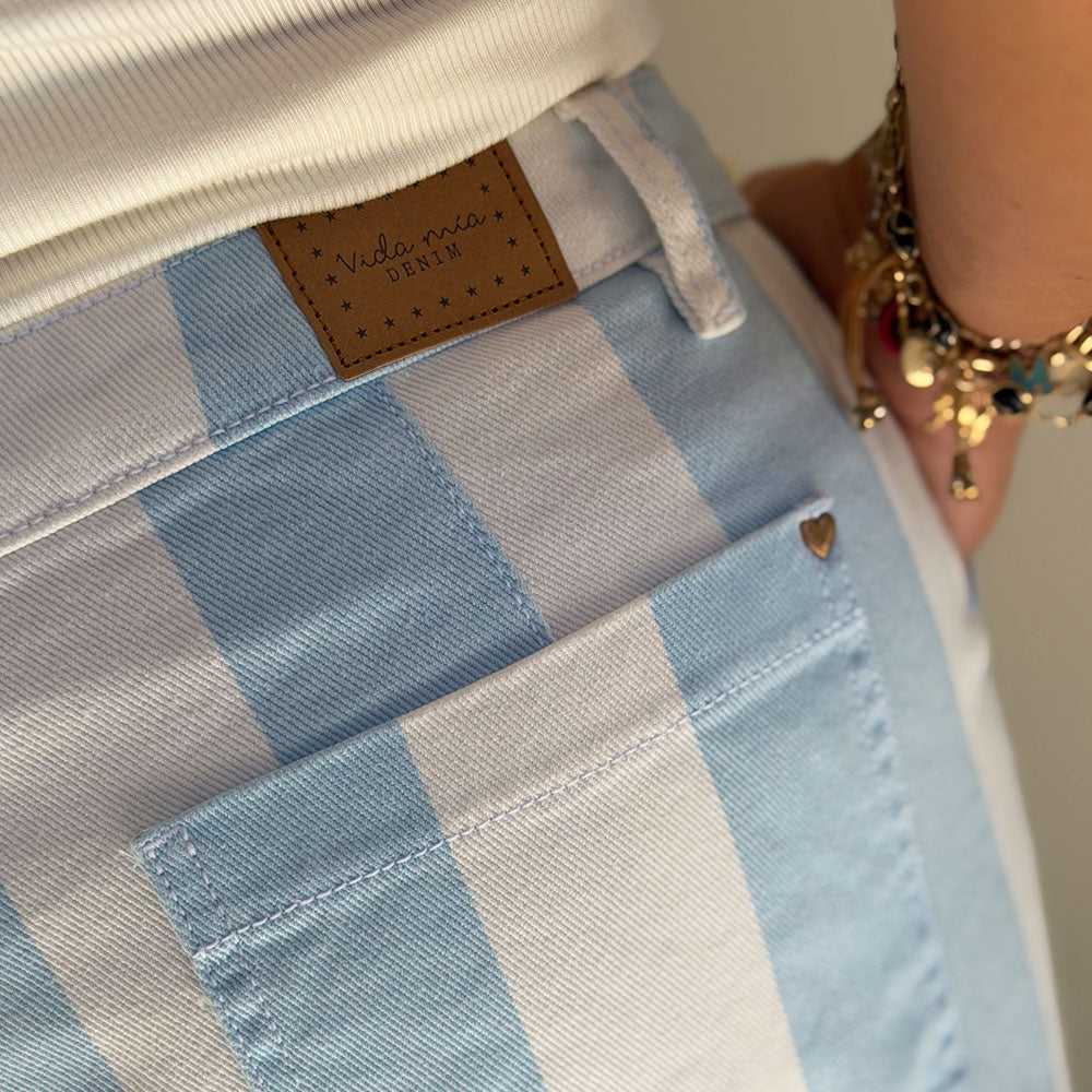 blue stripe denim pants lifestyle shot
