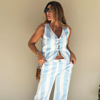 blue stripe denim pants semi-fitted silhouette front view