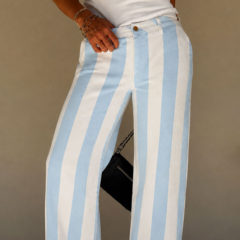 blue striped pants side profile full length
