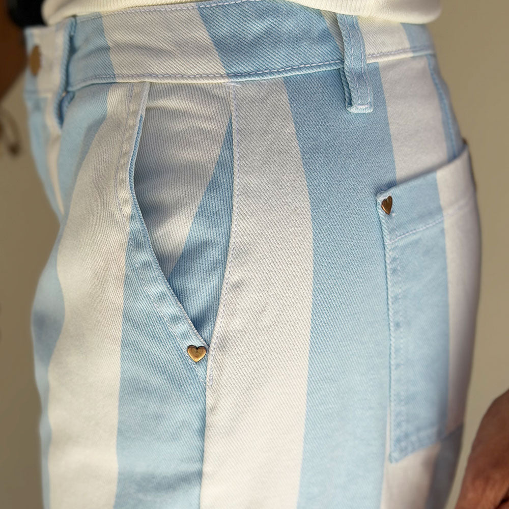 blue stripe denim pants waistband and zip detail
