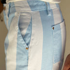 blue stripe denim pants waistband and zip detail