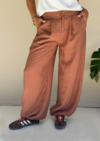 brown wide-leg flowy pants elastic waist side pockets view 2