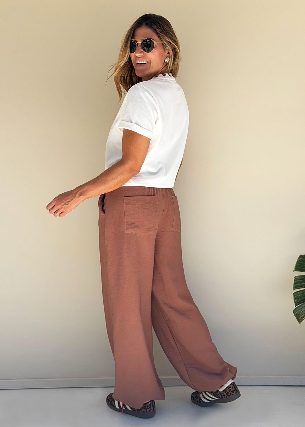 brown wide-leg flowy pants elastic waist side pockets view 6