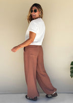 brown wide-leg flowy pants elastic waist side pockets view 6