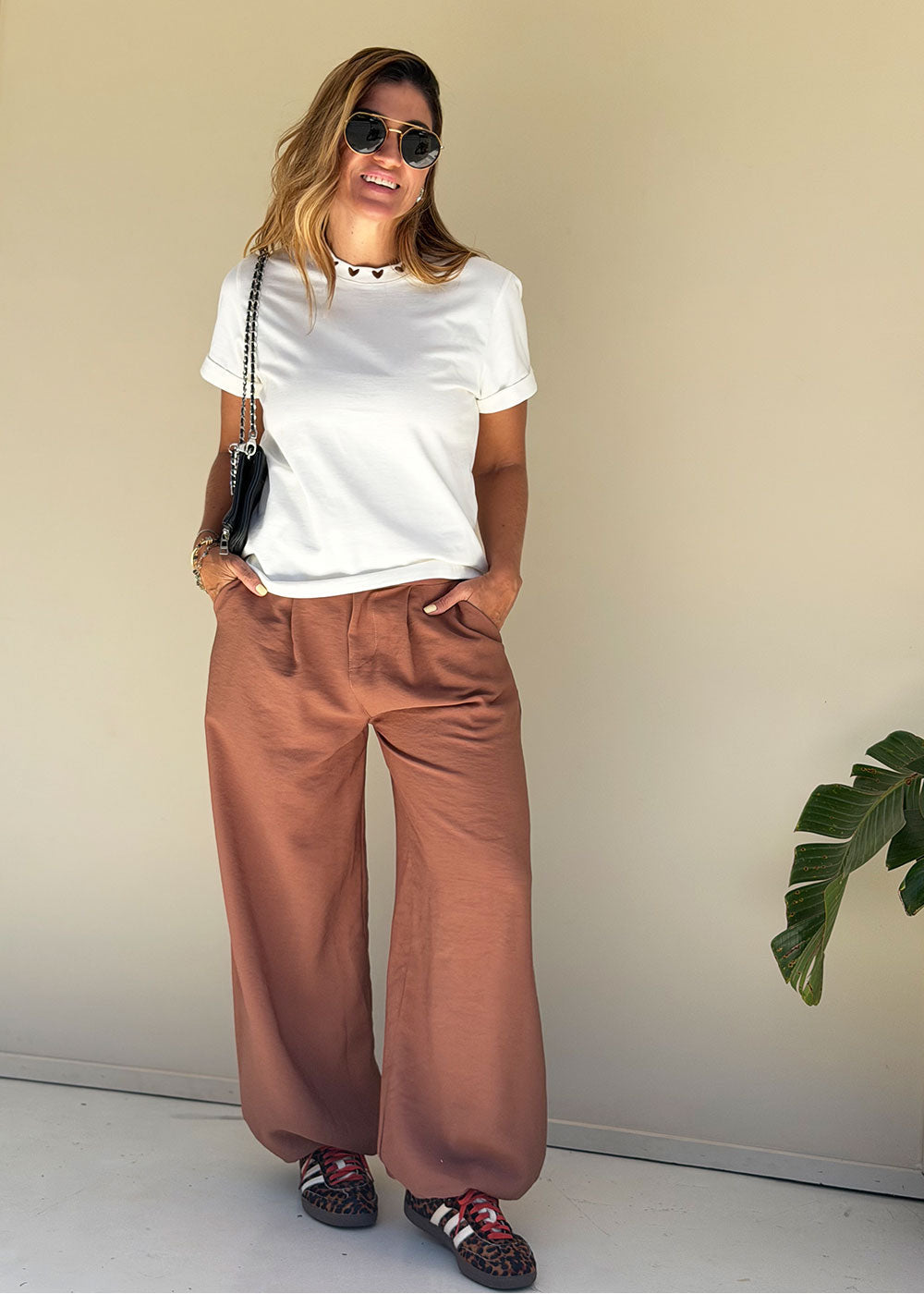 brown wide-leg flowy pants elastic waist side pockets view 5