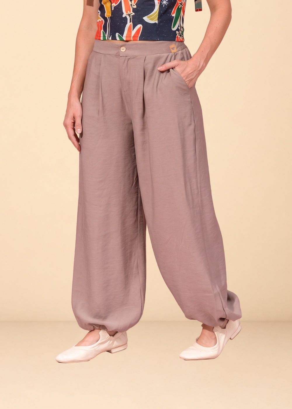 Camel fluid challis pants with elastic back waist and tapered elastic ankles