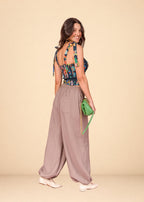 Camel fluid challis pants with elastic back waist and tapered elastic ankles, view 3
