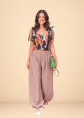 Camel fluid challis pants with elastic back waist and tapered elastic ankles, view 2