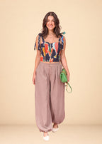 Camel fluid challis pants with elastic back waist and tapered elastic ankles, view 2